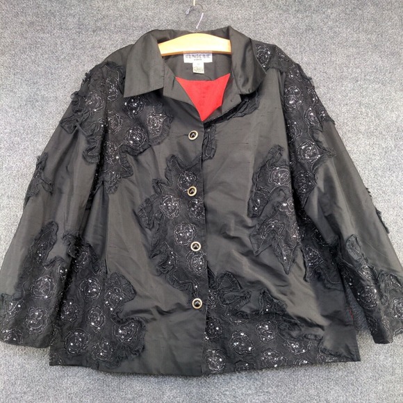 Tunique Women's Button Up Silk Blend Blouse Black Size 1X Floral Accents - Picture 5 of 11